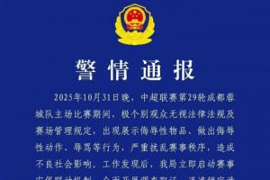 成都公安：2名球迷在蓉城比赛中展示侮辱性物品、辱骂 被行政拘留